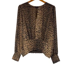 Good American Leopard Print Keyhole Long Sleeve Blouse